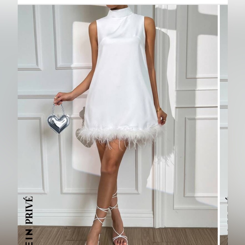 SHEIN Privé stand neck fuzzy trim dress